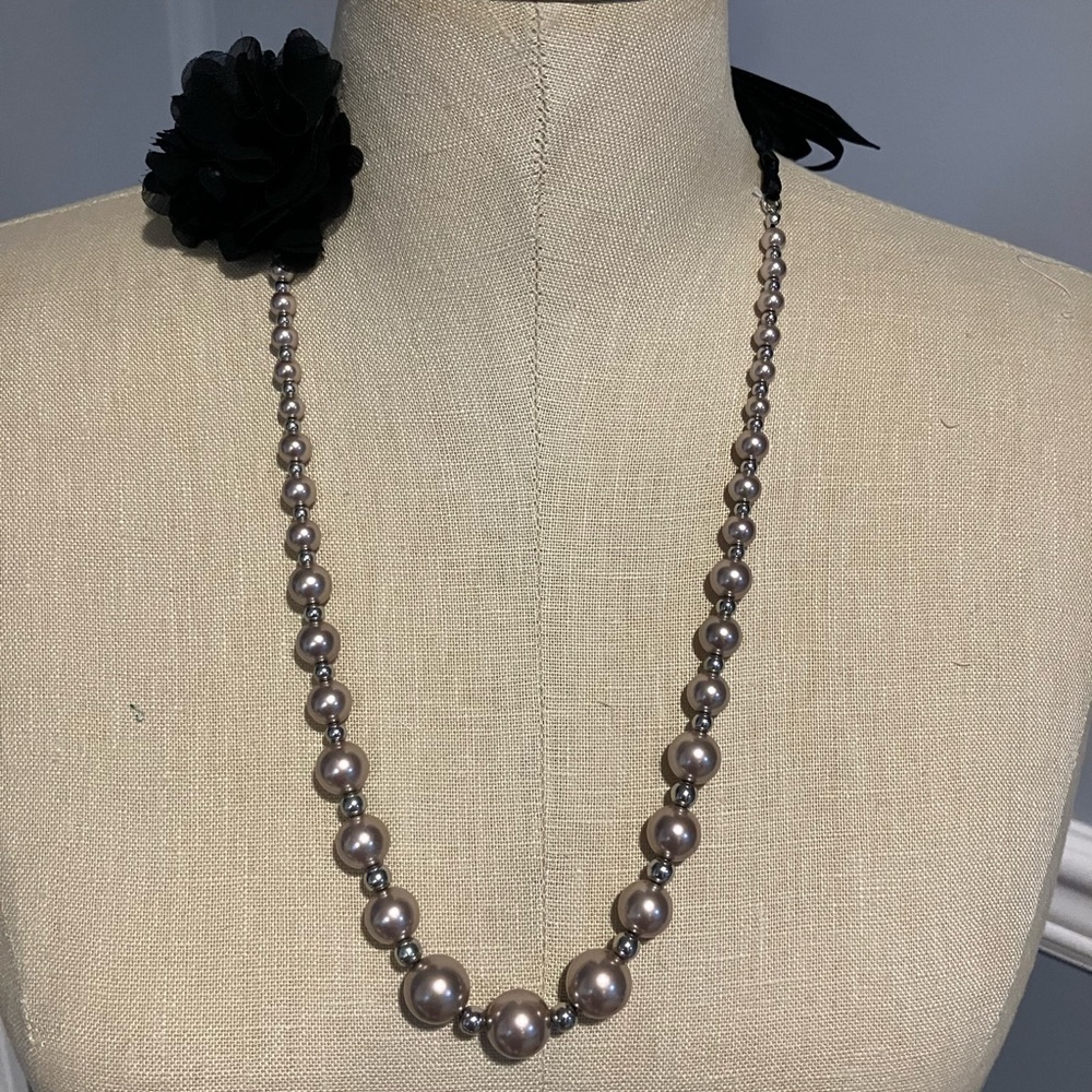 Elegant beaded Necklace with Black ribbon Flower Accent